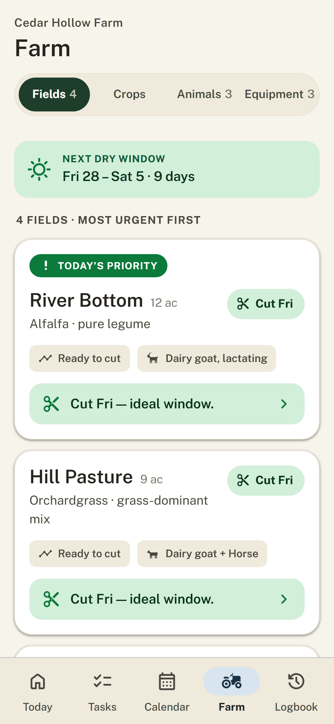 The Farm screen: fields ranked most urgent first, each with its suggested cut day — Cut Fri, ideal window