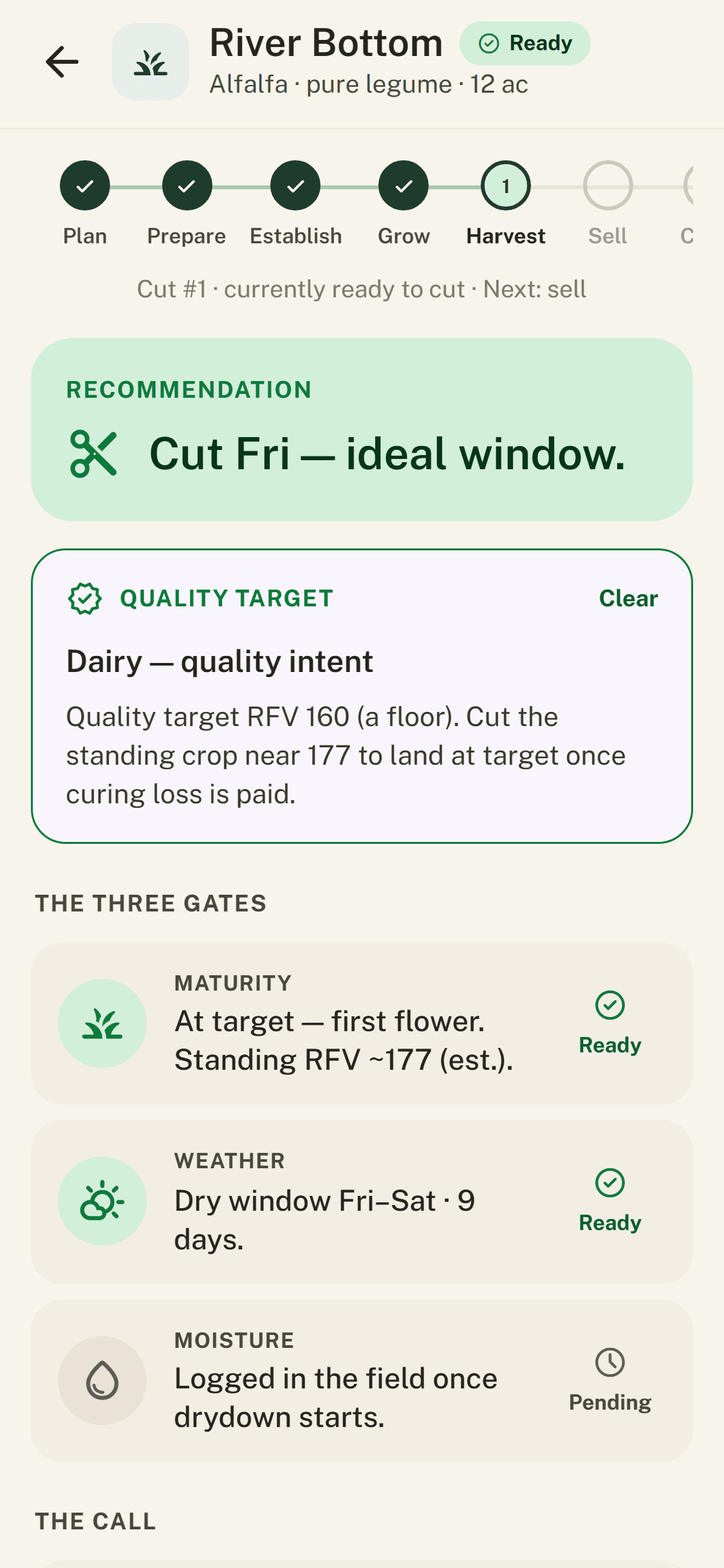 A field's detail screen: the cut recommendation and the three gates — maturity at target, dry window open, moisture pending